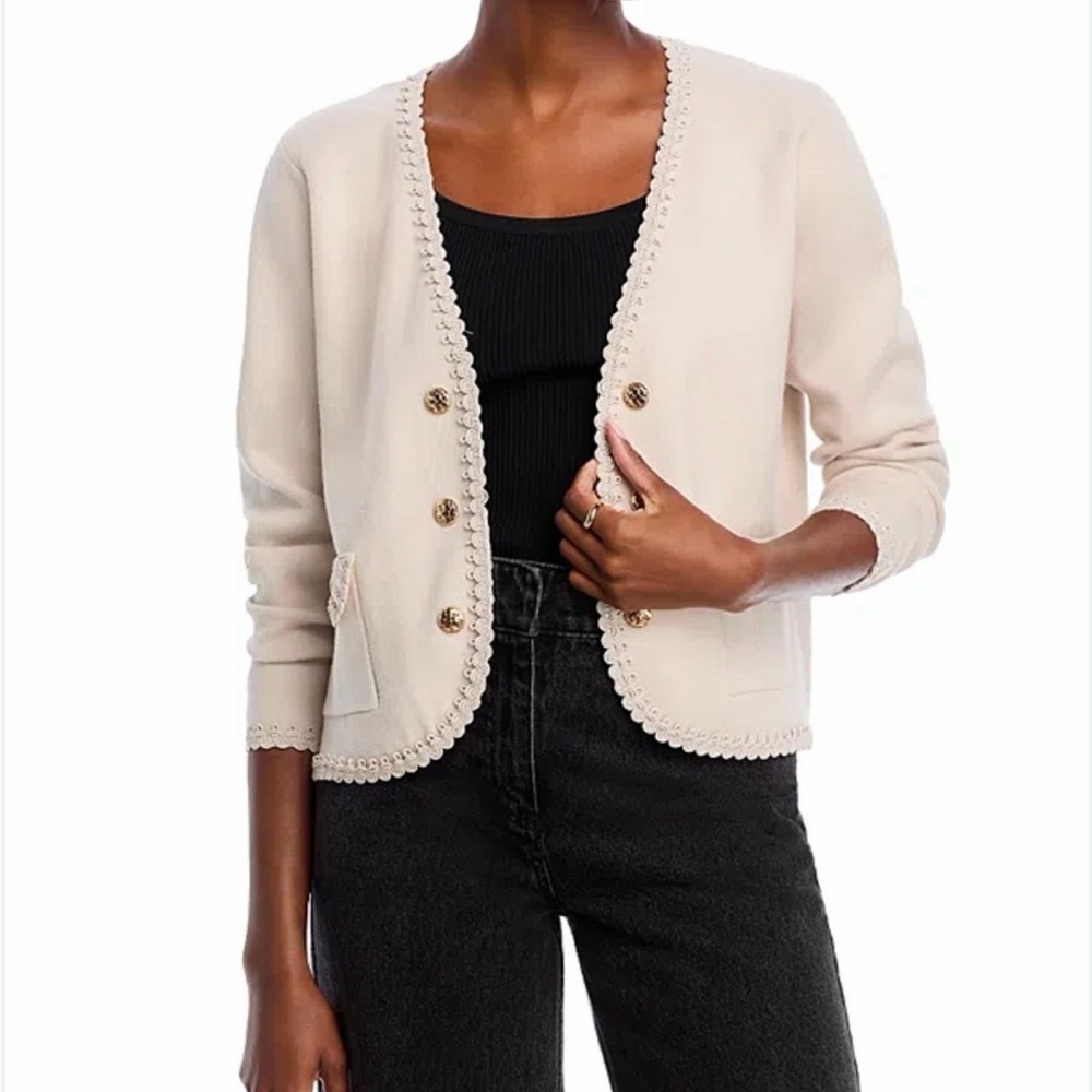 Sioni Women’s Open Front Knit Jacket with Trim Double Button in Winter White